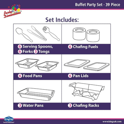 Full Size 39-Pcs Disposable Chafing Buffet Set with 6hr Fuel Cans, Covers, Serving Utensils - Premium Chafing Dish Set for Cater