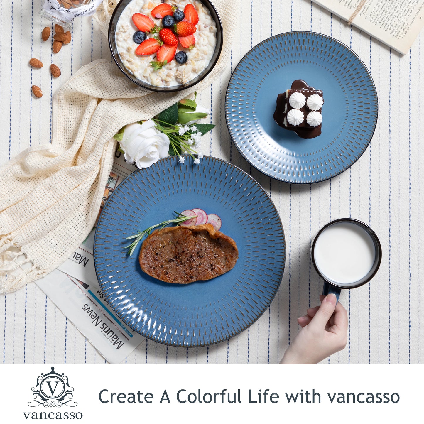 VANCASSO PLUVO 16/32/48 Piece Blue Embossed Stoneware Tableware Set with Dinner/Dessert Plate/Soup Bowl/Mug Service for 4/8/12