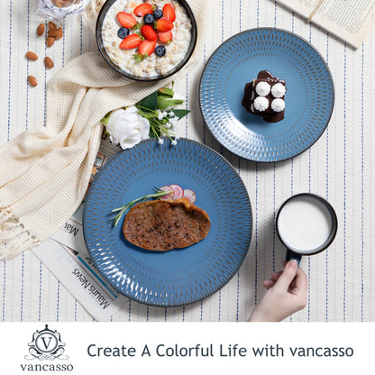VANCASSO PLUVO 16/32/48 Piece Blue Embossed Stoneware Tableware Set with Dinner/Dessert Plate/Soup Bowl/Mug Service for 4/8/12