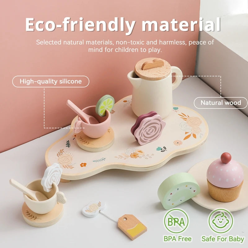 Wooden Afternoon Tea Set Toy Kitchen Utensil BPA Free Pretend Play Food Learning Role Play Game Early Educational Toy Kids Gifts