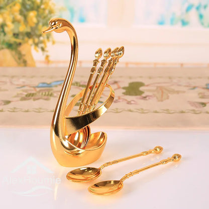 Ice Cream Cake Coffee Tea Stirring Spoons Dessert Swan Holder Cutlery Spoons Set Cutlery Kitchen Tableware 1 Set of 7 Pieces
