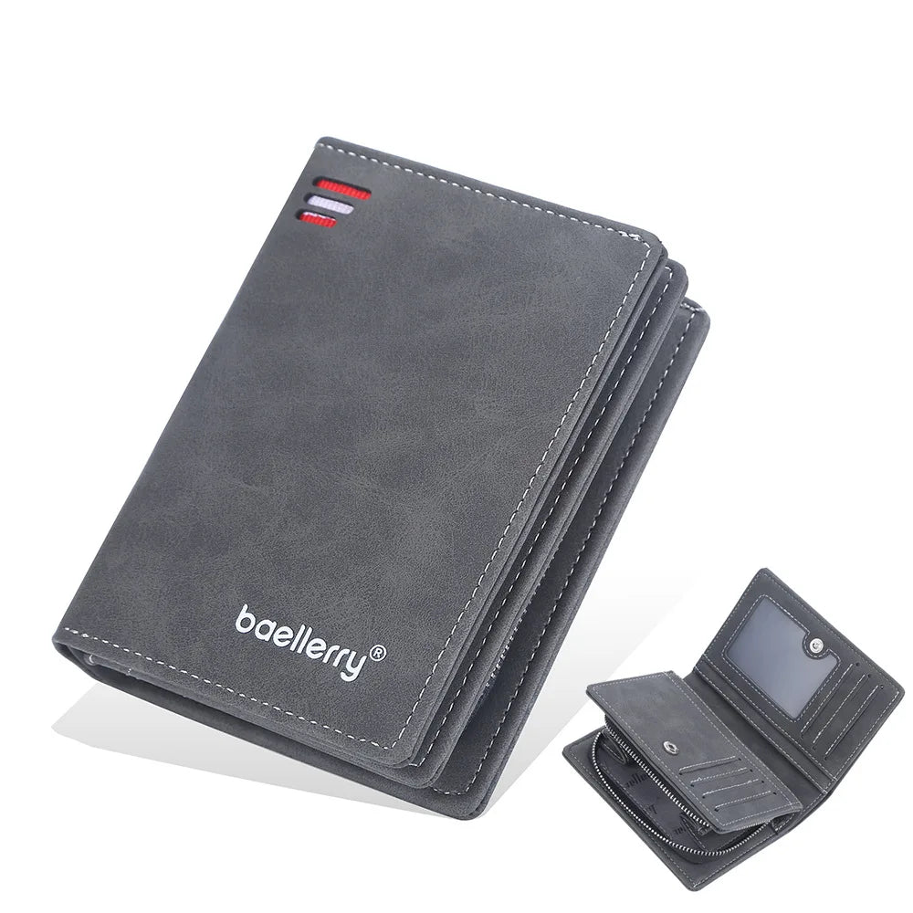 Men's Front Pocket Wallet Slim PU Leather Zipper Closure RFID Protection 10 Card Slots Minimalist