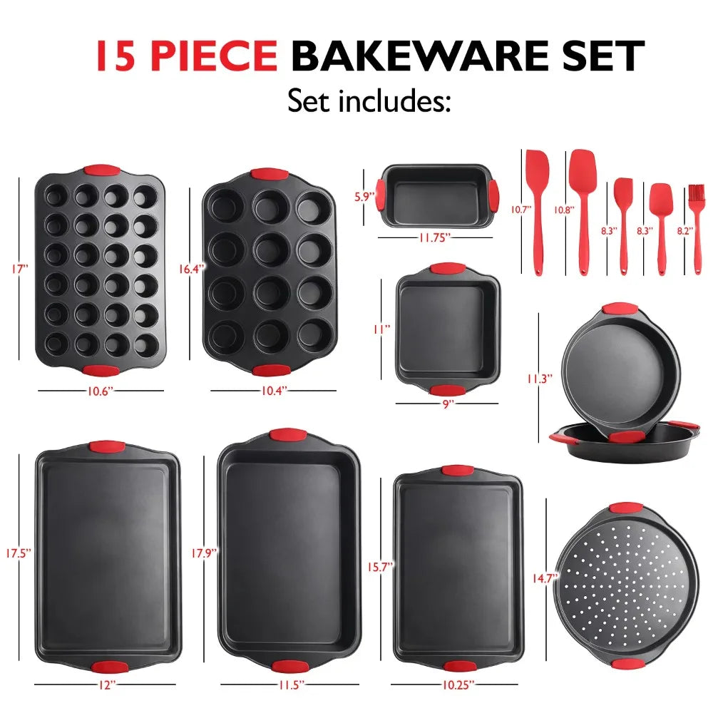 2023 New Carbon Steel Bakeware Set - 15-Piece Baking Tray Set with Silicone Handles - Oven Safe Cookie Sheets