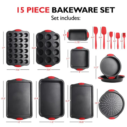 2023 New Carbon Steel Bakeware Set - 15-Piece Baking Tray Set with Silicone Handles - Oven Safe Cookie Sheets