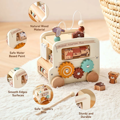 Baby Wooden Montessori Toy Baby Five-in-on Car Toy Polyhedron Busy Bus Toy Kids Early Education Hand Brain Sense Organ Toys Gift