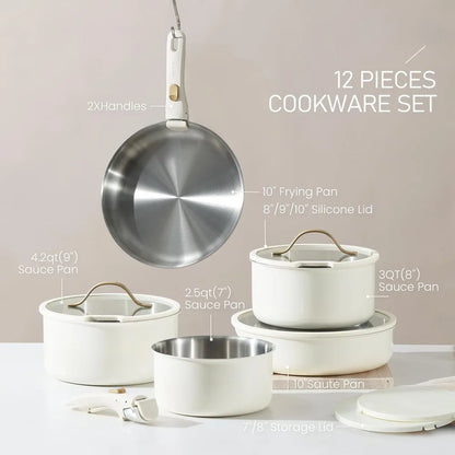 12pcs Pots and Pans Set, Stainless Steel Cookware Set Detachable Handle, Induction Kitchen Cookware Sets with Removable Handle