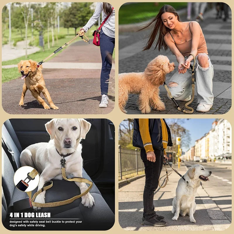 Heavy Duty Tactical Bungee Dog Leash No Pull Dog Leash Reflective Shock Absorbing Pet Leashes with Car Seatbelt for Large Dogs