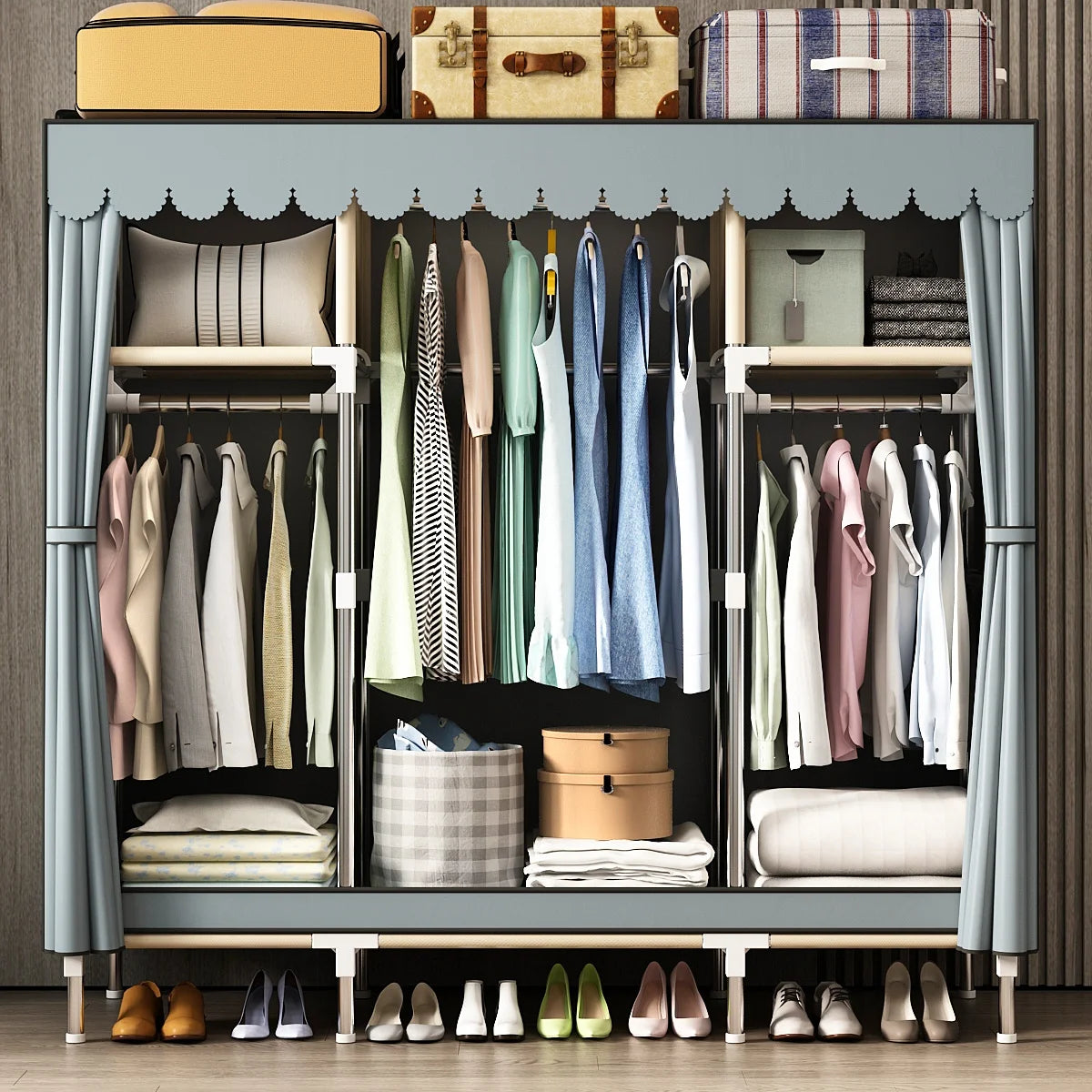 Spacious Wardrobe with Dustproof Cover - Durable Steel Frame - Ideal for Bedroom, Dorm, Entryway Organization
