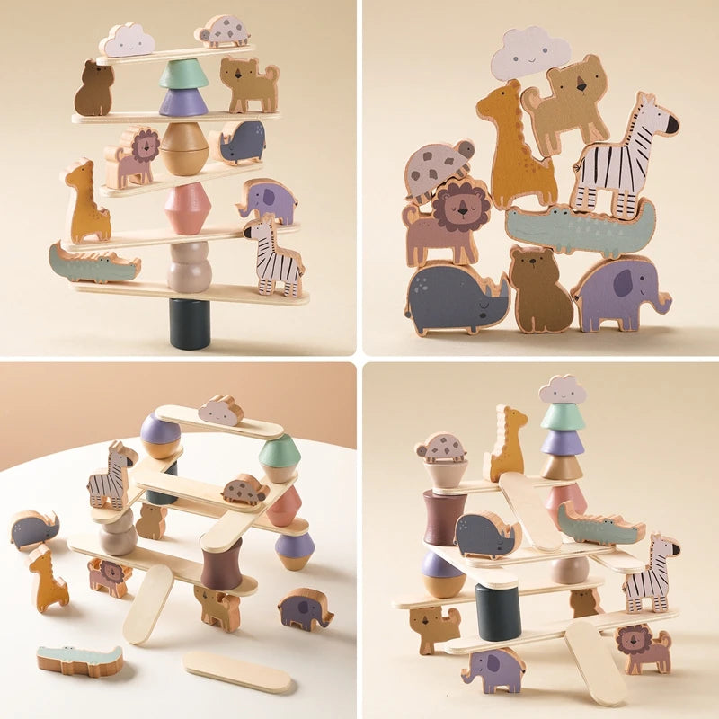 Montessori Toys Balanced Stacked Wooden Building Blocks Animal Board Game Puzzle Toys Are Placed In Animal-shaped Scene Gift Kid