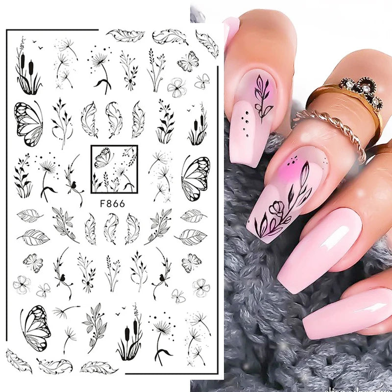 1PCS Black Flowers Leaves 3D Nail Stickers Nail Decoration Butterfly Snake Stickers Nail Decoration Decals Nail Parts