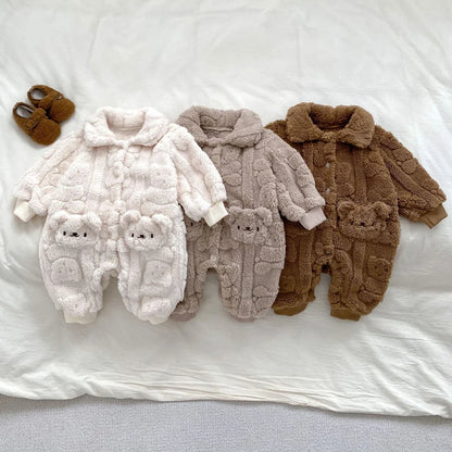 IYEAL Winter Baby Boys Girls Home Jumpsuit  Plush Jumpsuit Super Cute Baby Bear Pocket Pajama Creeper