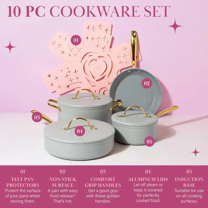 Iconic Nonstick Pots and Pans Set, Multi-layer Nonstick Coating, Matching Lids With Gold Handles, Made without PFOA