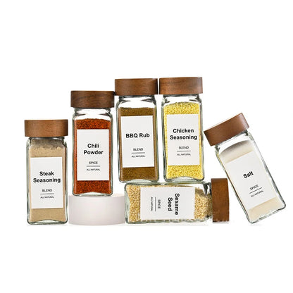 Wood Cover Glass Spice Jars Square Transparent Seasoning Storage Bottles Kitchen Salt Spices Ground Pepper Sealing Tools