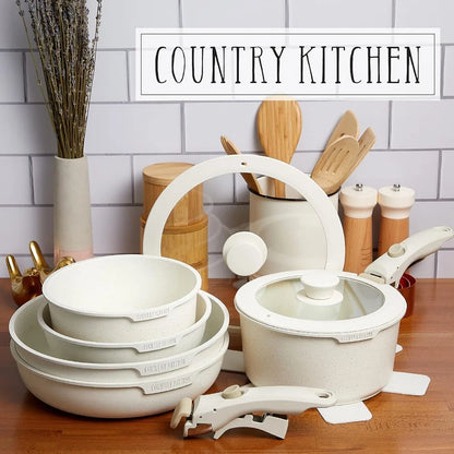 13 Piece Pots and Pans Set - Safe Nonstick Kitchen Cookware with Removable Handle, RV Cookware Set, Oven Safe (Cream)