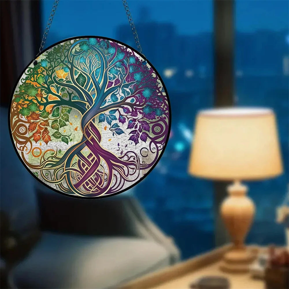 Glass Pattern Tree of Life Stained Suncatcher Four Seasons Theme Window Wall Hanging Ornament Glass Panel Decor Gift for Mom