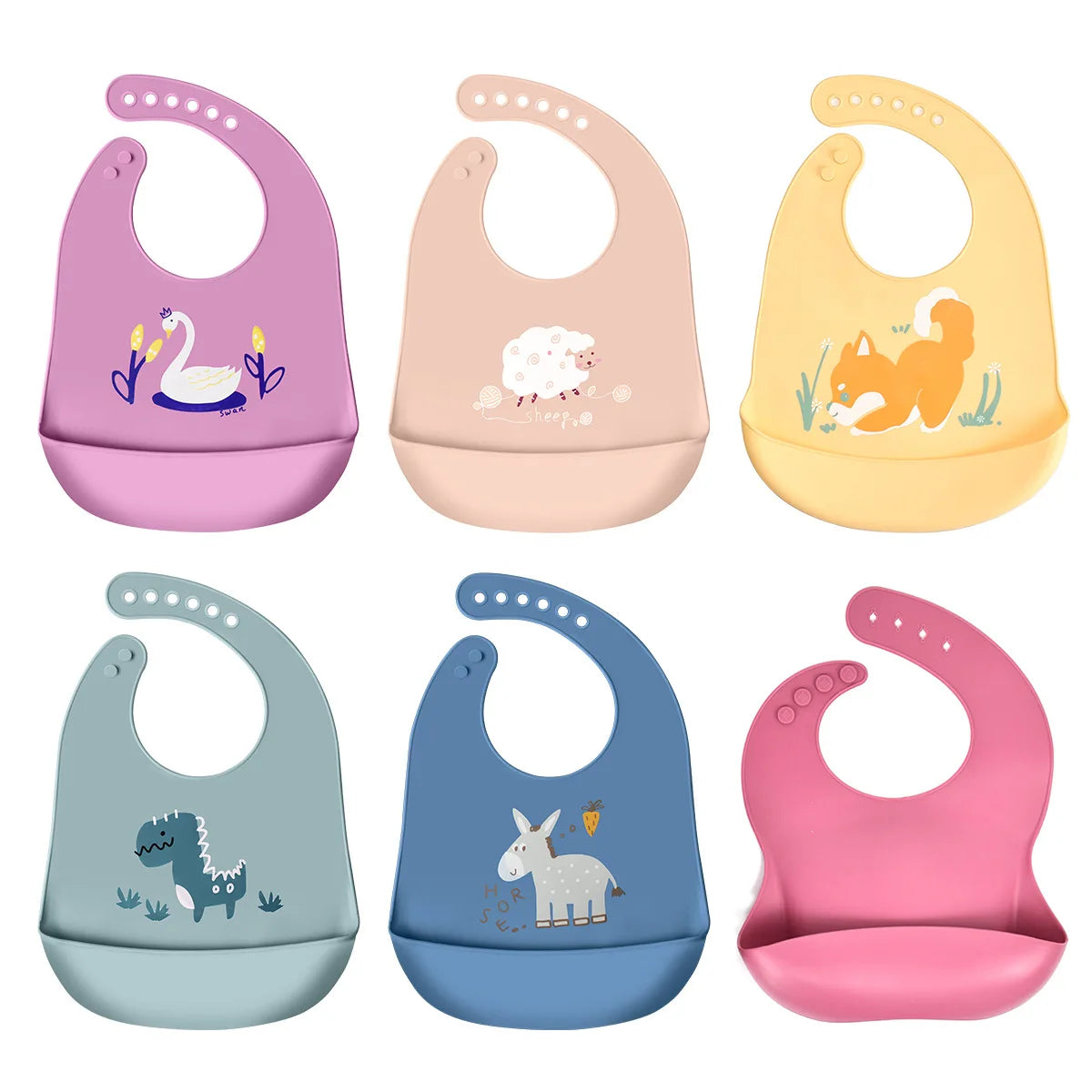 Kids Waterproof Baby Bibs Baby Stuff Cute Cartoon Animal Printed Bib Girl Boy Adjustable Soft Silicone Bib Baby Feeding Stuff