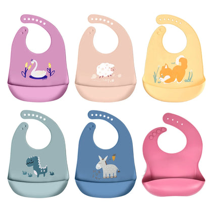 Kids Waterproof Baby Bibs Baby Stuff Cute Cartoon Animal Printed Bib Girl Boy Adjustable Soft Silicone Bib Baby Feeding Stuff
