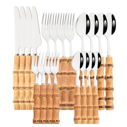 Drmfiy 4/20Pcs Natural Bamboo Handle Silver Dinnerware Set Stainless Steel Cutlery Set Kitchen Knife Fork Spoons Tableware Set