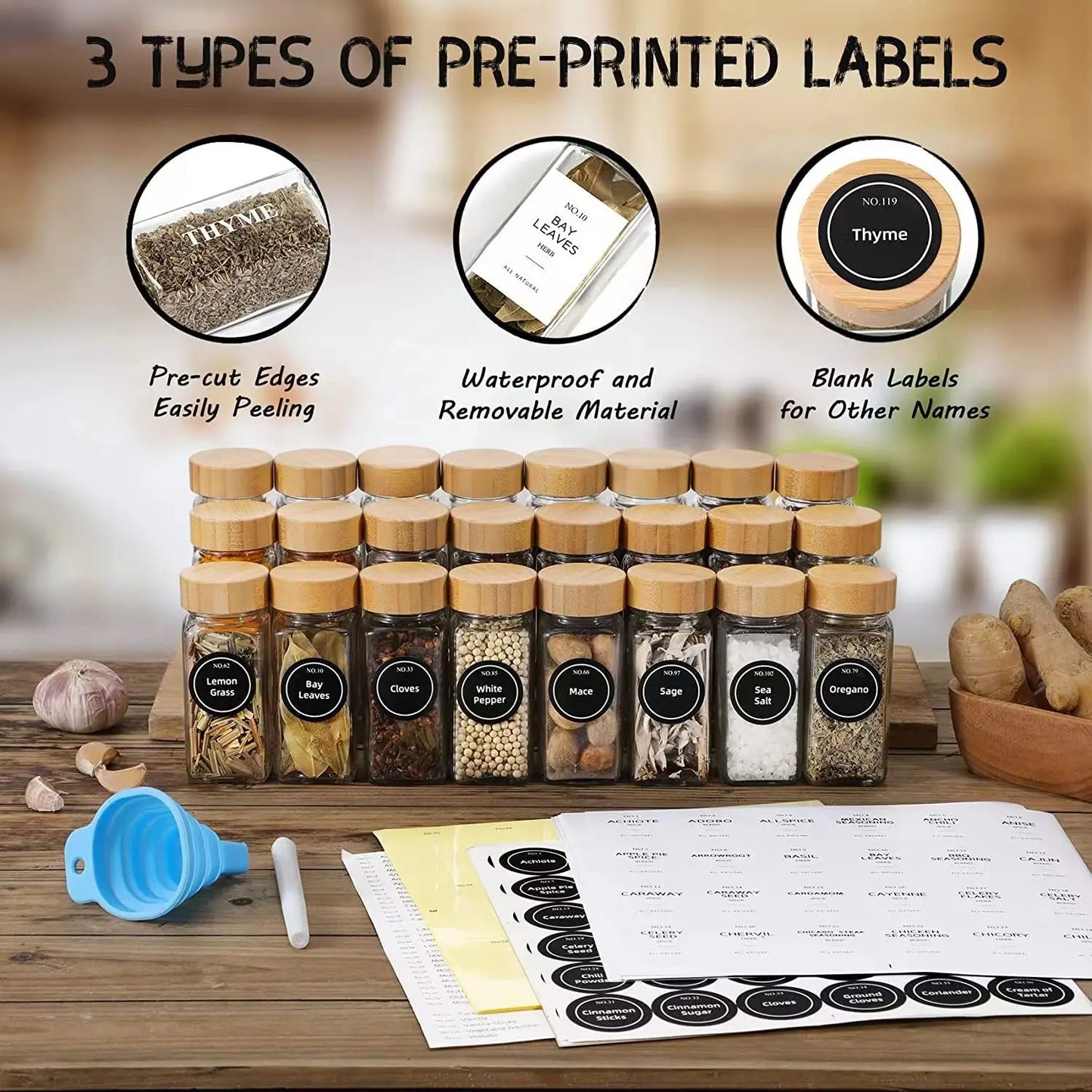 Wood Cover Glass Spice Jars Square Transparent Seasoning Storage Bottles Kitchen Salt Spices Ground Pepper Sealing Tools