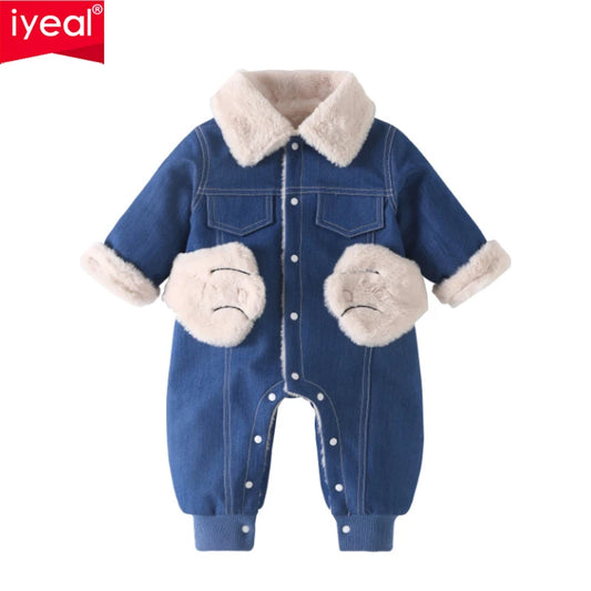 IYEAL Winter Thickened Baby Boys' Denim Outwear Long Sleeve Rompers Newborn Baby Warm Fleece Overalls