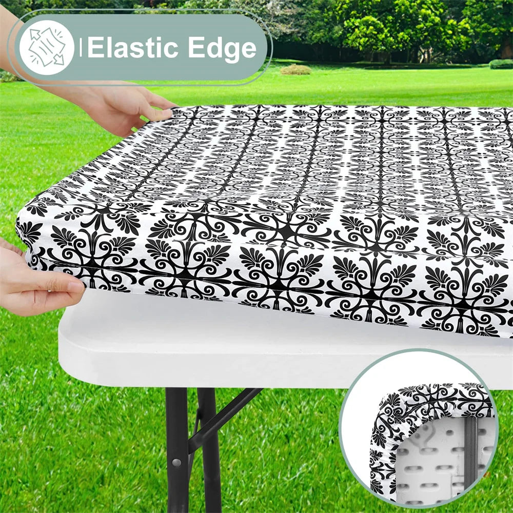 Olanly Rectangle Vinyl Table Cloth Elastic Fitted Tablecloth Waterproof Plastic Table Covers Fold Tables Picnic Camping Outdoor
