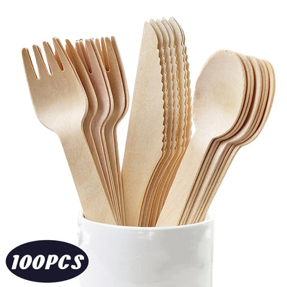 100pcs Wooden Knife Fork Spoons Disposable Tableware Sets Kitchen Utensil for Cakes Desserts Wedding Birthday Party Supplies