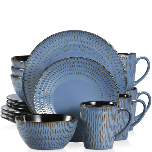 VANCASSO PLUVO 16/32/48 Piece Blue Embossed Stoneware Tableware Set with Dinner/Dessert Plate/Soup Bowl/Mug Service for 4/8/12