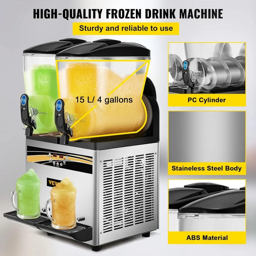l Slushy Machine, 15Lx2 Tank Margarita Maker, 1000W Stainless Steel Smoothie Frozen Drink Maker for Supermarkets
