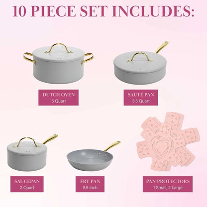 Iconic Nonstick Pots and Pans Set, Multi-layer Nonstick Coating, Matching Lids With Gold Handles, Made without PFOA