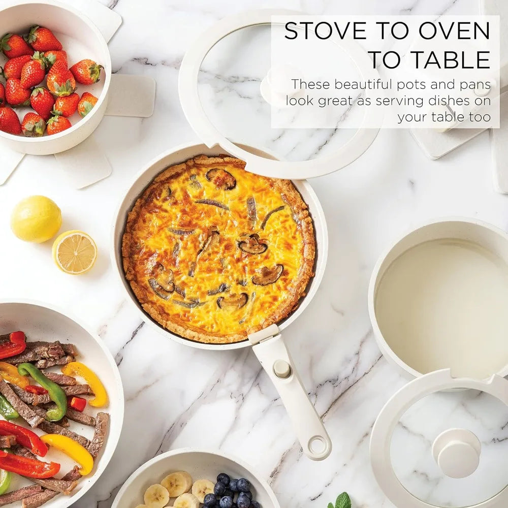 13 Piece Pots and Pans Set - Safe Nonstick Kitchen Cookware with Removable Handle, RV Cookware Set, Oven Safe (Cream)