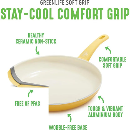 GreenLife Soft Grip Healthy Ceramic Nonstick 16 Piece Kitchen Cookware Pots and Frying Sauce Saute Pans Set, PFAS-Free with