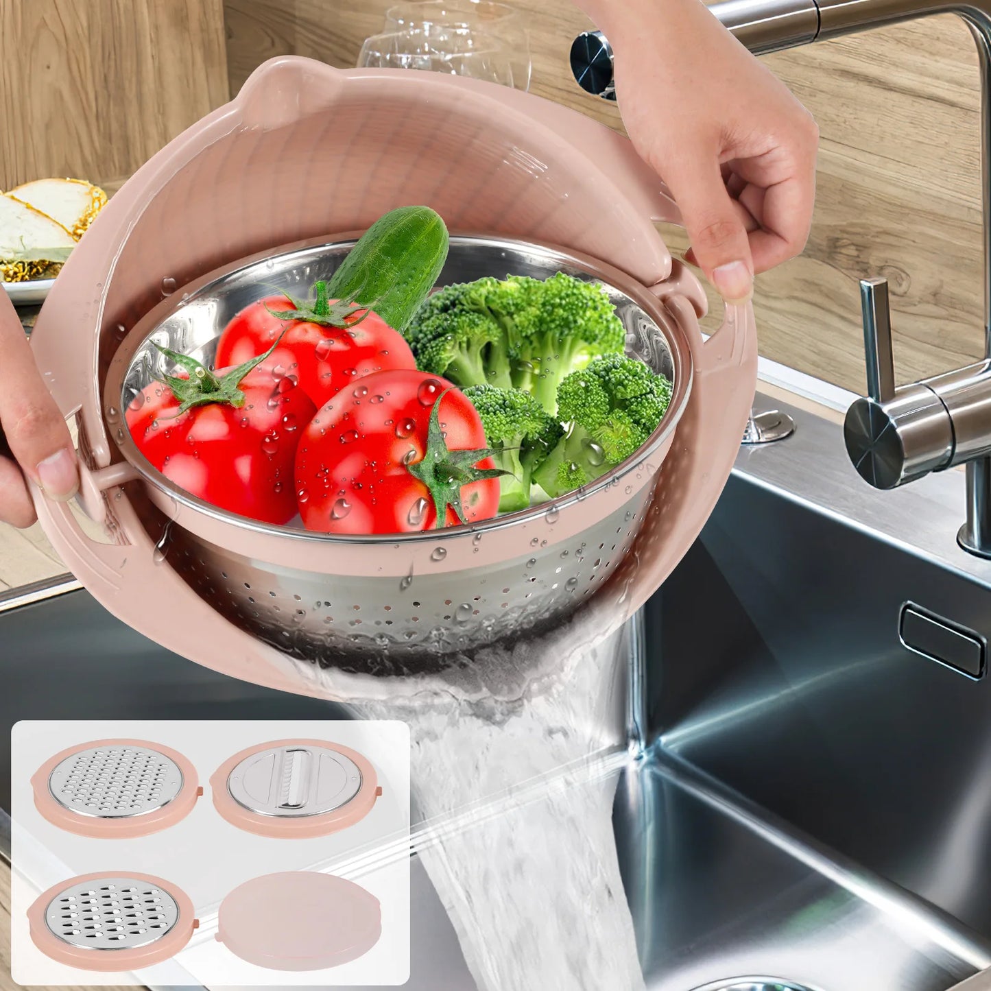 Kitchen Colander Set with Plastic Mixing Bowl 360°Rotating Food Strainers with 3 Thread Graters Stainless Steel Pasta Strainer