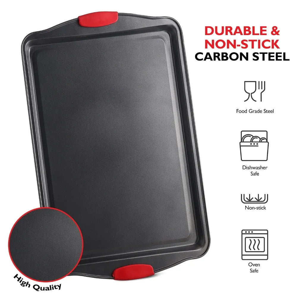 2023 New Carbon Steel Bakeware Set - 15-Piece Baking Tray Set with Silicone Handles - Oven Safe Cookie Sheets