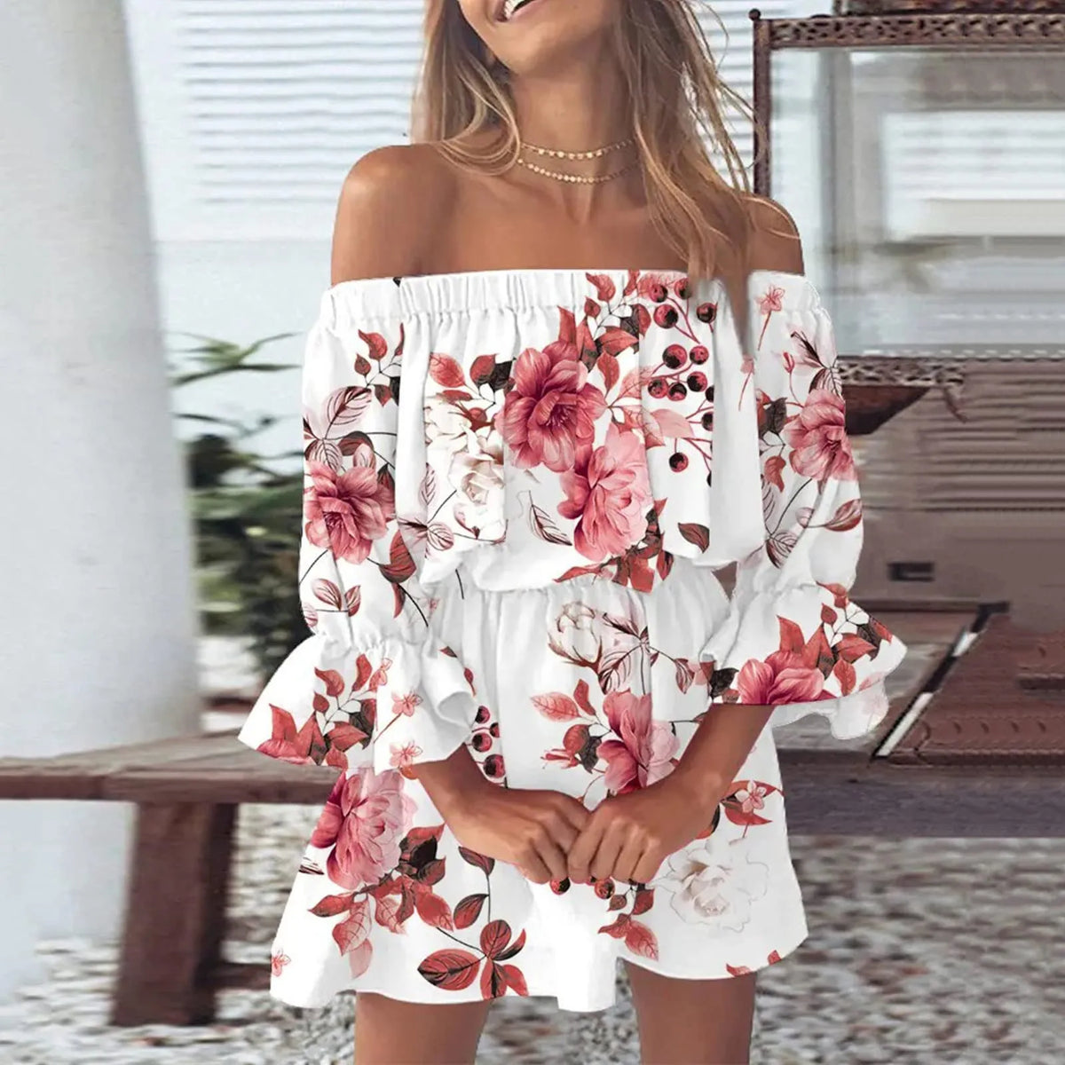 Boho Off-Shoulder Floral Mini Dress