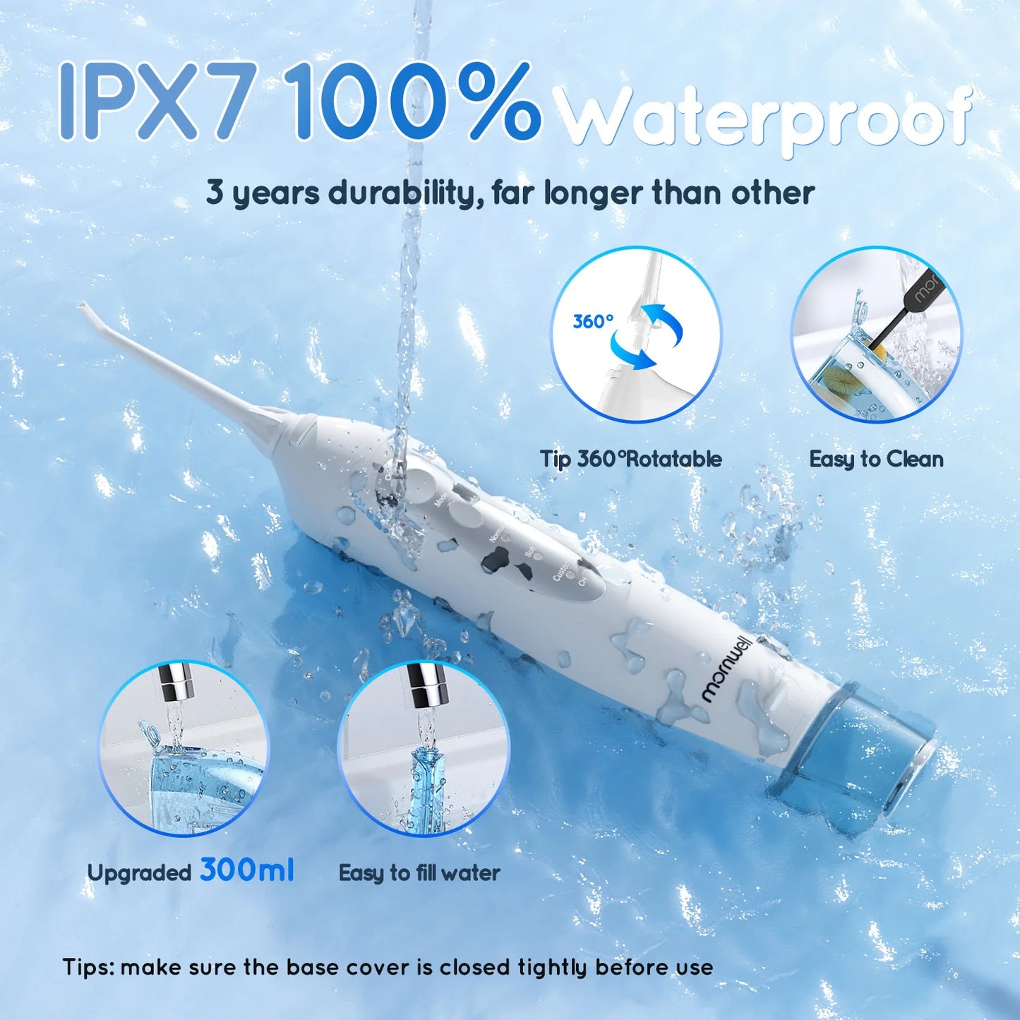 Mornwell New D52Pro Oral Irrigator Rechargeable Water Flosser Portable 300ML 4 Nozzles Dental Water Jet Waterproof Teeth Cleaner