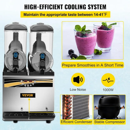 l Slushy Machine, 15Lx2 Tank Margarita Maker, 1000W Stainless Steel Smoothie Frozen Drink Maker for Supermarkets