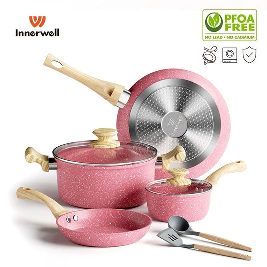 Innerwell Kitchen Frying Pan Stockpot Milk Pot 8Pc/Sets Glass Lid Nonstick Toxin Free Cookware Skillets Compatible All Stoves