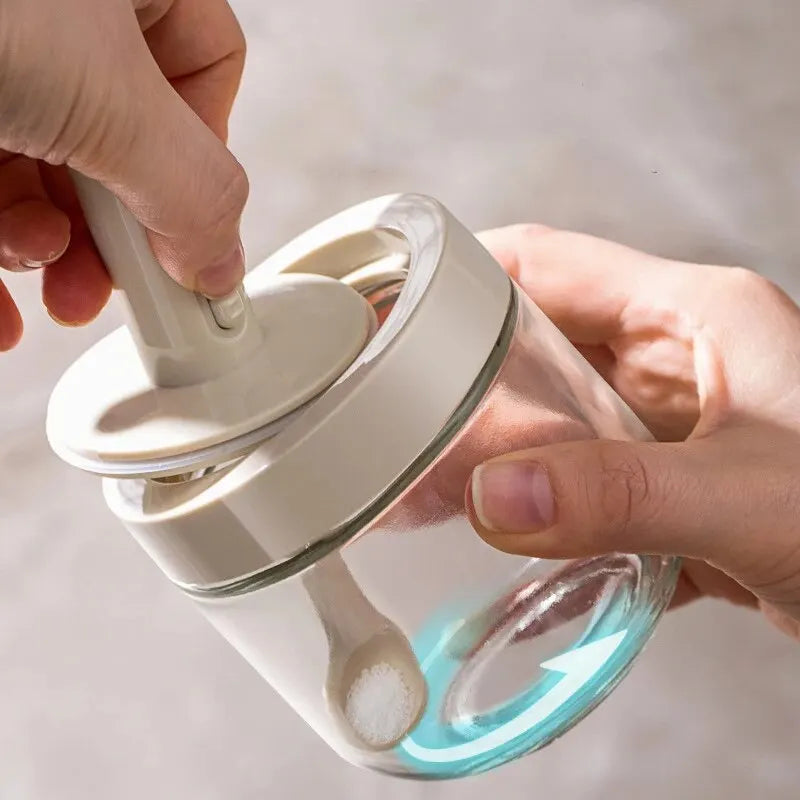 1pc Glass Seasoning Bottle With Telescopic Spoon Household Kitchen Salt Storage Box Leak Proof and Moisture-proof