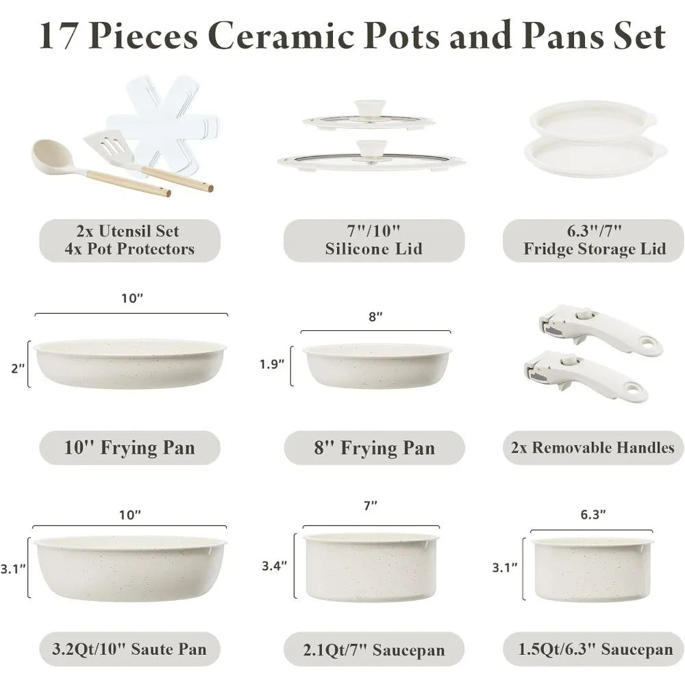 Ceramic Nonstick Cookware Set, Healthy,Non Toxic,17-Pieces Pots and Pans Set Removable Handles,Induction RV Kitchen Set,Stain