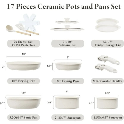 Ceramic Nonstick Cookware Set, Healthy,Non Toxic,17-Pieces Pots and Pans Set Removable Handles,Induction RV Kitchen Set,Stain
