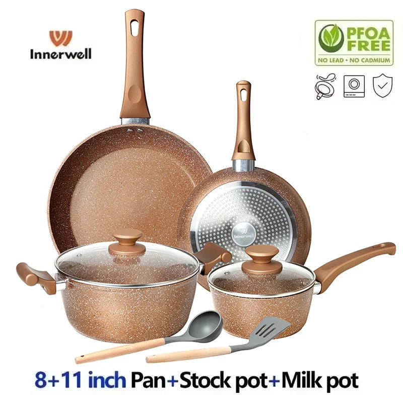 Hot Selling Innerwell Kitchen Frying Pan Stockpot Milk Pot 8Pcs/Sets with Lid Nonstick Nontoxic Cookware Suitable All Stoves