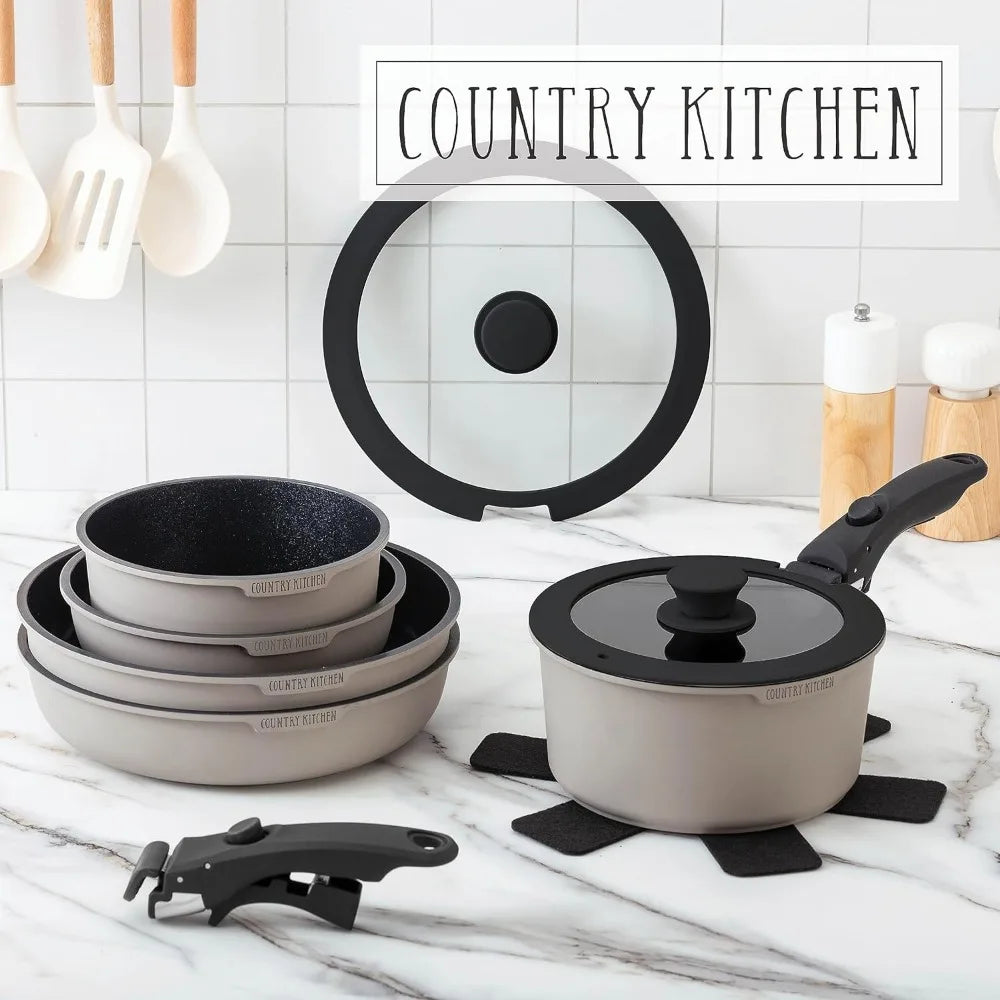 Country Kitchen 16 Piece Pots and Pans Set - Healthy Safe Ceramic Nonstick Kitchen Cookware with Soft Touch Removable Handle