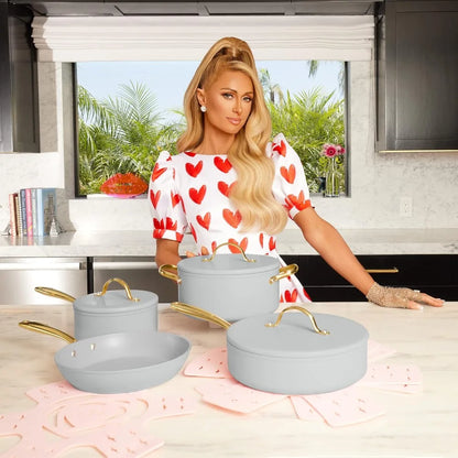 Iconic Nonstick Pots and Pans Set, Multi-layer Nonstick Coating, Matching Lids With Gold Handles, Made without PFOA