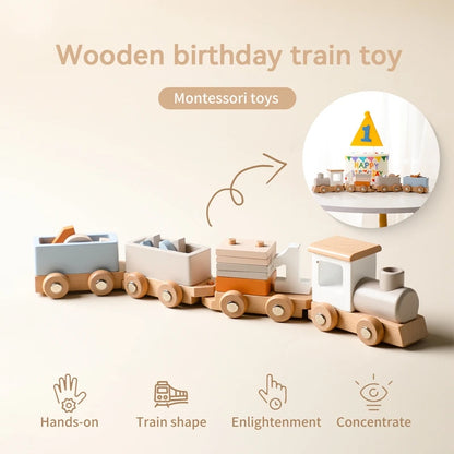Wooden Birthday Train Toy Simulated Train Toy Model Baby Montessori Educational Toys Wooden Trolley Baby Learning Kid Toys Gifts