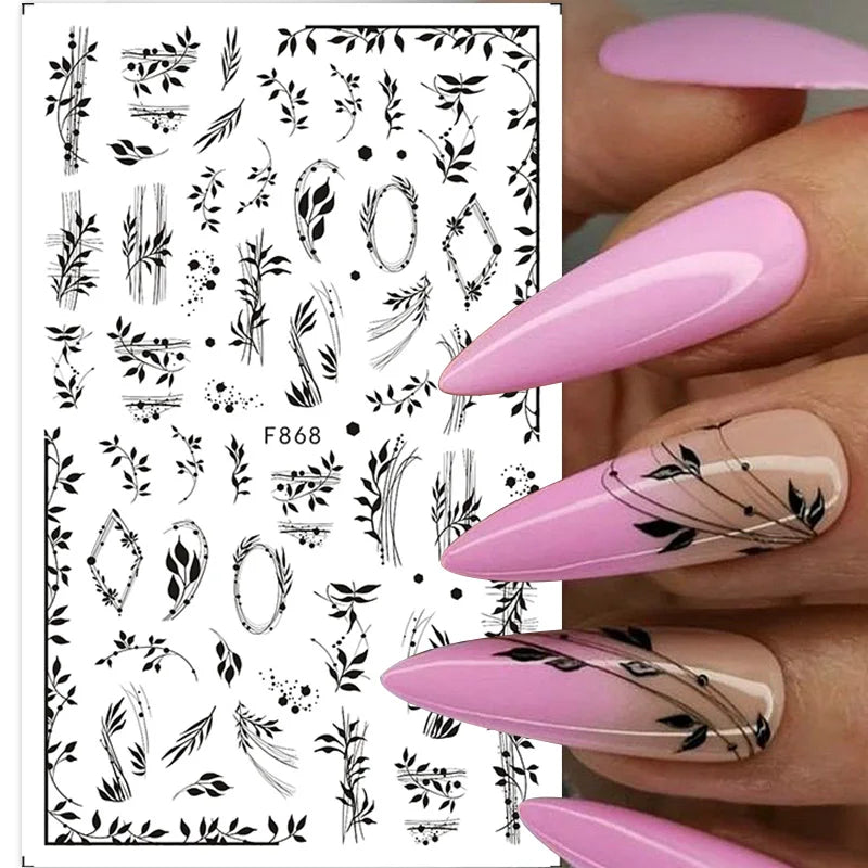 1PCS Black Flowers Leaves 3D Nail Stickers Nail Decoration Butterfly Snake Stickers Nail Decoration Decals Nail Parts