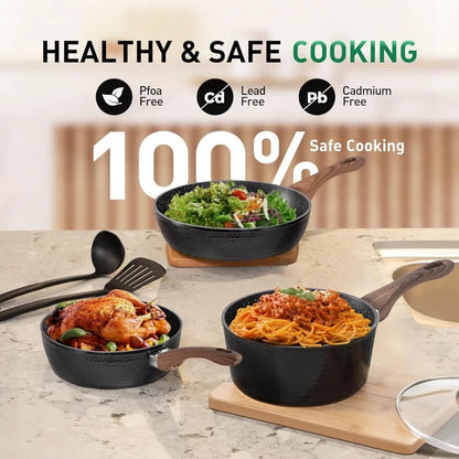 Clearance on Pots and Pans Set Non Stick, 15 Pcs Non Toxic Hammered Cookware Set, Black Granite Induction Kitchen Cooking Sets