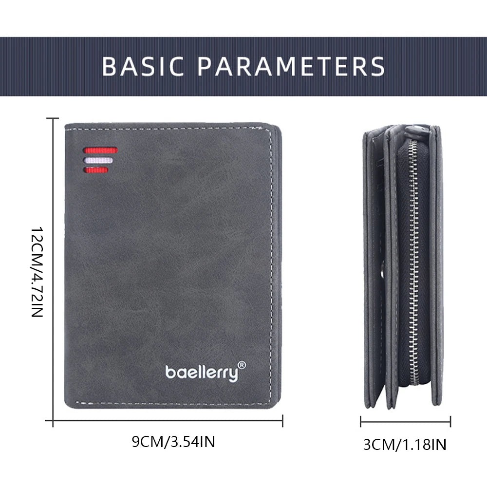 Men's Front Pocket Wallet Slim PU Leather Zipper Closure RFID Protection 10 Card Slots Minimalist