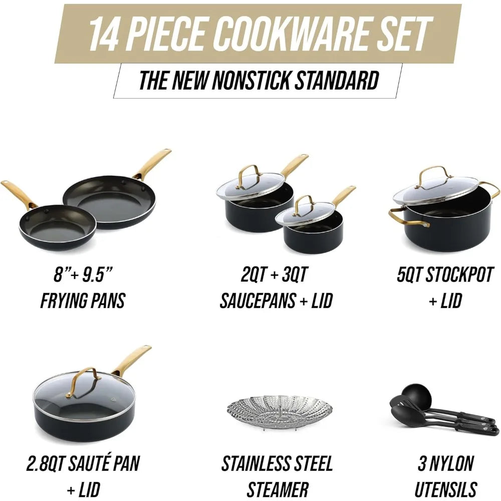 Gold 14 Piece Cookware Set, Ceramic Nonstick, PFAS Free, PFOA Free, Induction Suitable, Dishwasher Safe, Gold Handle