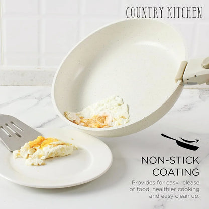 13 Piece Pots and Pans Set - Safe Nonstick Kitchen Cookware with Removable Handle, RV Cookware Set, Oven Safe (Cream)