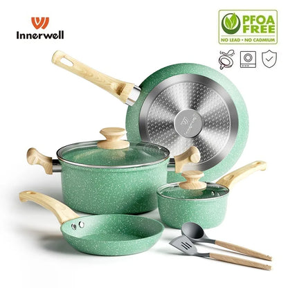 Innerwell Kitchen Frying Pan Stockpot Milk Pot 8Pc/Sets Glass Lid Nonstick Toxin Free Cookware Skillets Compatible All Stoves
